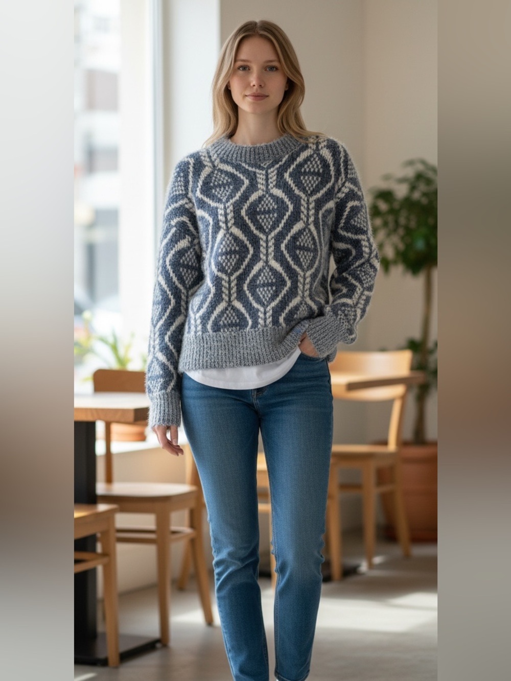 POL Fuzzy Geometric Crewneck Sweater in Blue & Cream NWOT!